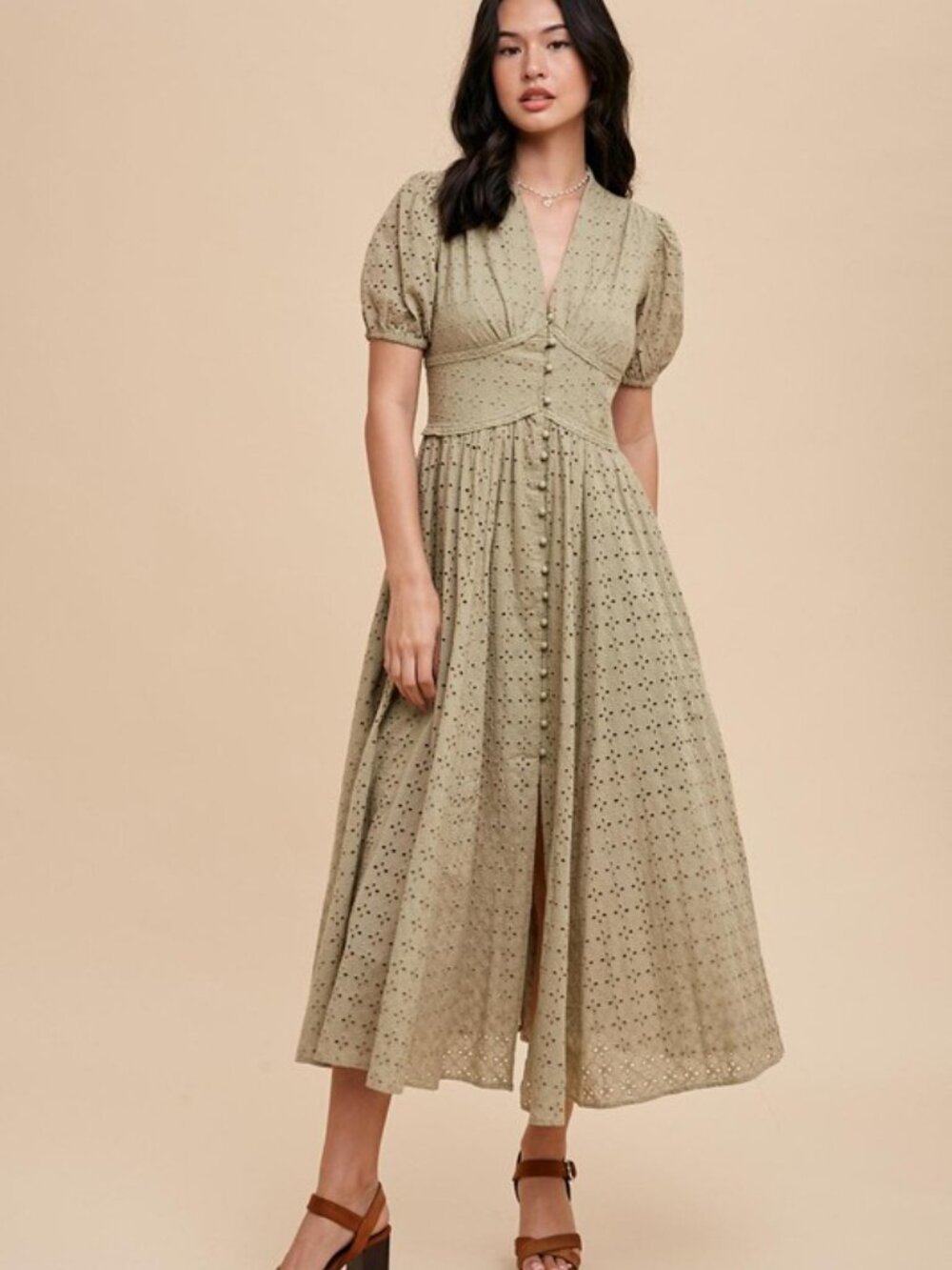 Cotton Eyelet Button Down Dress Olive Green - Picture 3 of 17